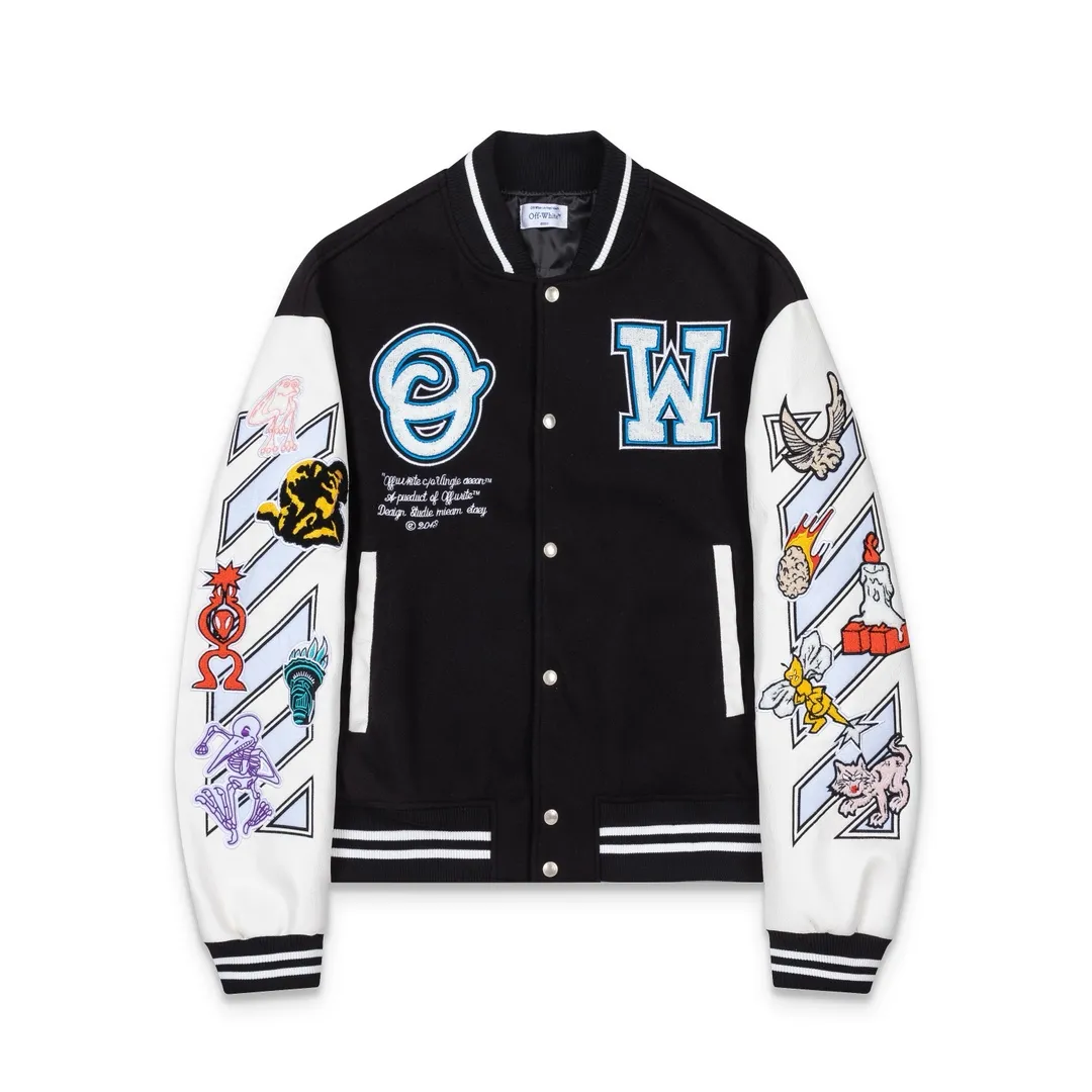 S22#P656, offwhite heavy-duty embroidered leather baseball jacket. The body is made of woolen fabric. Couple's jacket. Black size: S M L XL